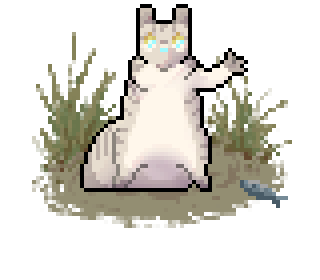 Pixel art of a fat slugcat with pale grey fur. It has tabby stripes & a cream stomach.